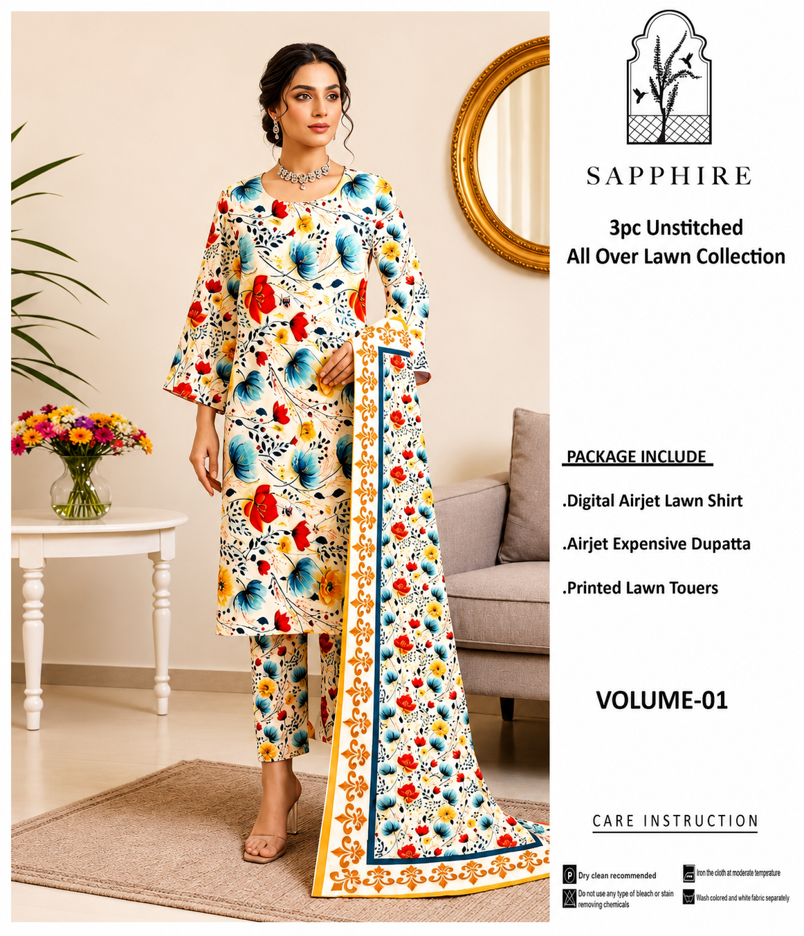 SAPPHIRE LAWN COLLECTION IVORY MULTI