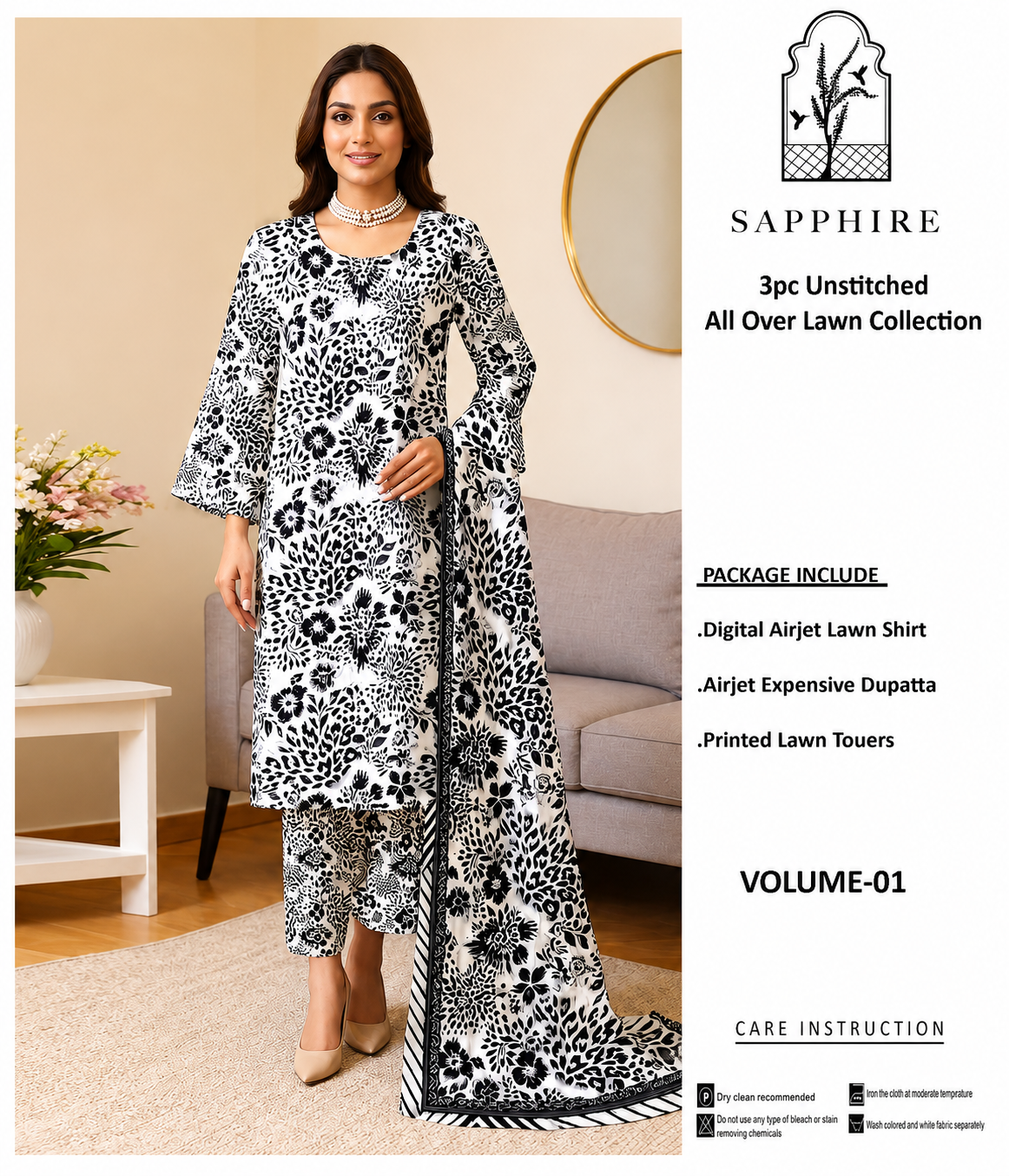 SAPPHIRE LAWN COLLECTION BLACK AND WHITE